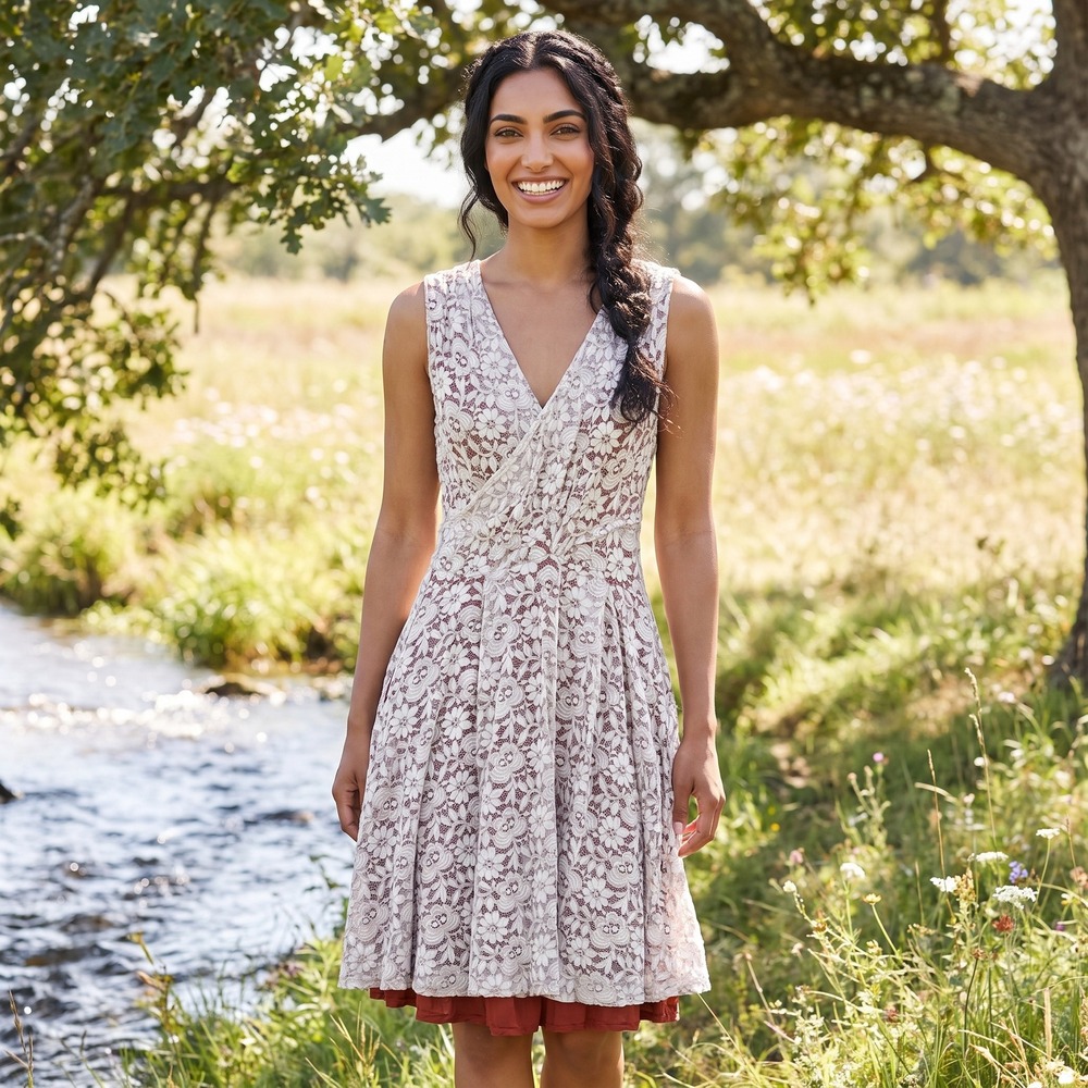 Maeve Anthropologie Lace Dress Womens S Beige Red Floral V Neck Fit Flare Boho